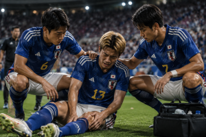 Three Japanese soccer players in blue jerseys console a kneeling, injured teammate on the pitch as fans watch from the stands.