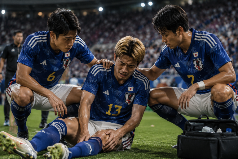 开云体育中心 - 开云体育中心 Three Japanese soccer players in blue jerseys console a kneeling, injured teammate on the pitch as fans watch from the stands.