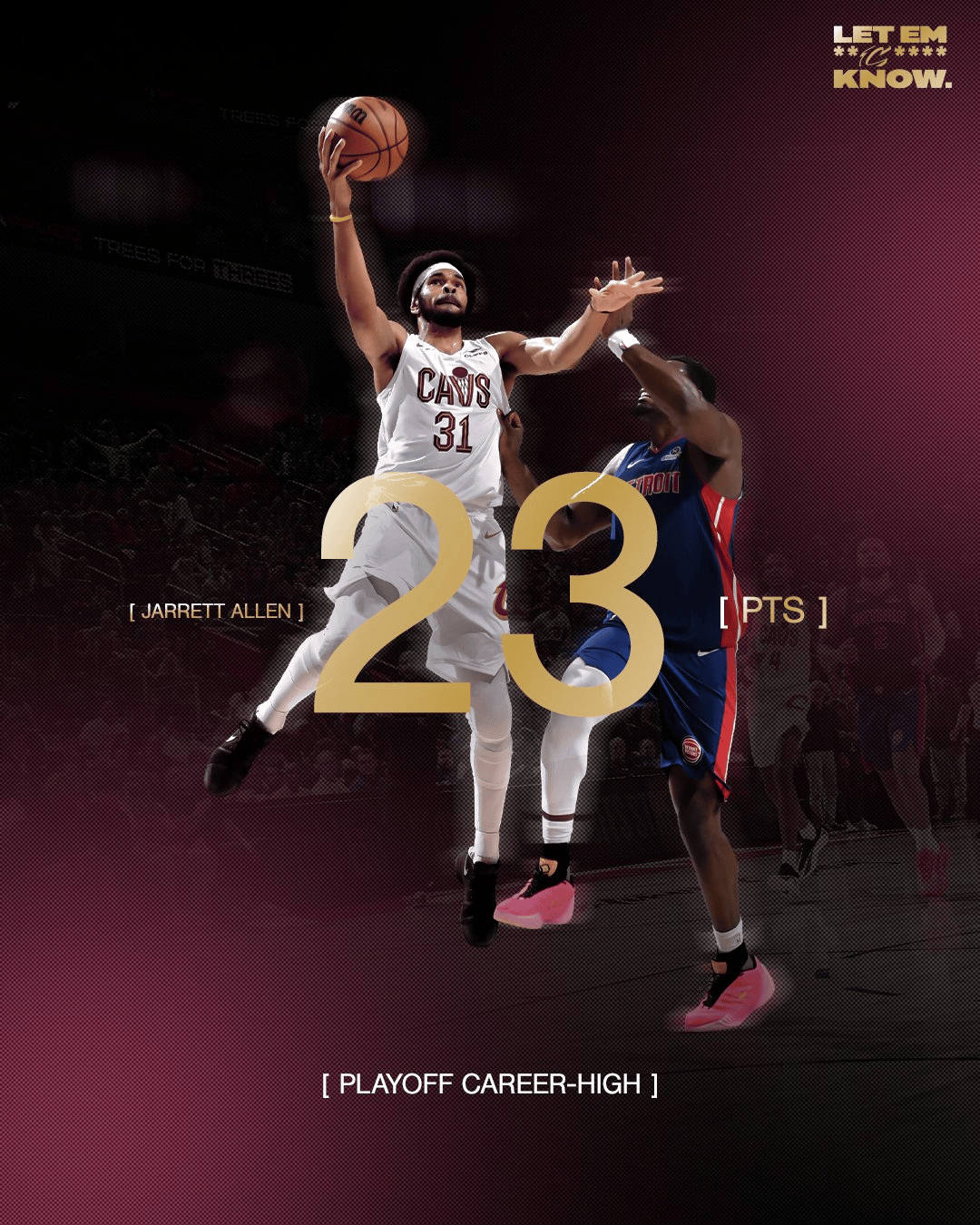 hupu_20260518_allen - 开云体育中心 Basketball player in white Cavs jersey jumps for a shot, defender in blue guards, large 23 overlay, playoff career-high theme.
