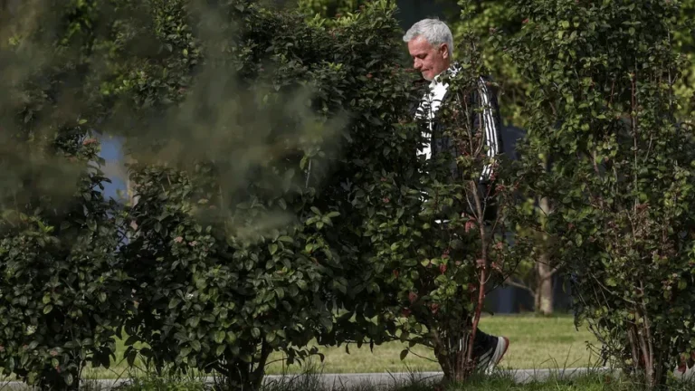 Older man in a striped blazer walks along a path behind dense shrubbery in a park.