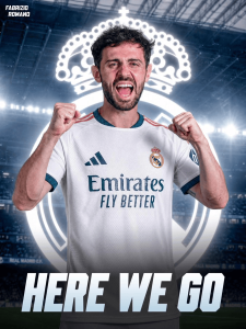 Soccer player in a Real Madrid white jersey celebrating with fists raised, stadium lights in the background and a bold 'HERE WE GO' caption at the bottom.