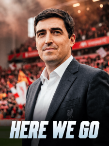 Close-up of a man in a dark suit at a stadium, smiling with fans and a red banner visible in the background (Here We Go).