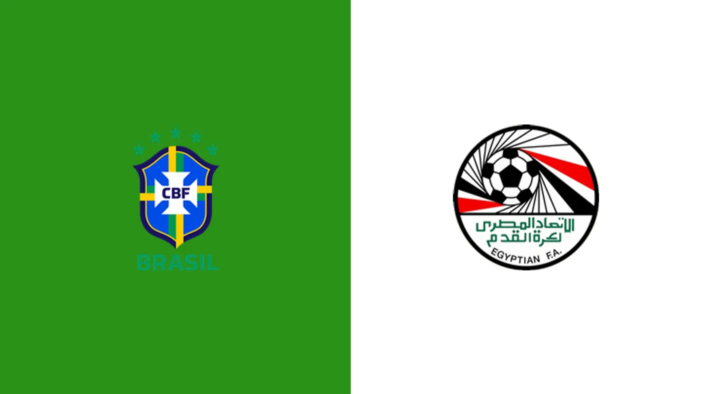 Split image showing two football federation logos: Brazil (CBF) on green left and Egyptian FA on white right.