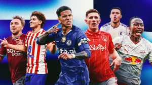 Six football players in a dynamic collage, running forward in different club jerseys against a blue gradient background.