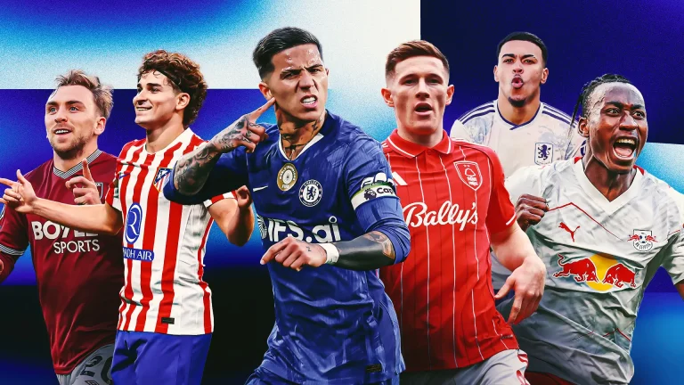Six football players in a dynamic collage, running forward in different club jerseys against a blue gradient background.