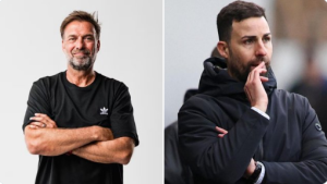Two men shown side by side: left is an older man with a gray beard wearing a black Adidas t-shirt with arms crossed; right is a younger man in a dark jacket touching his lips in a thoughtful pose.