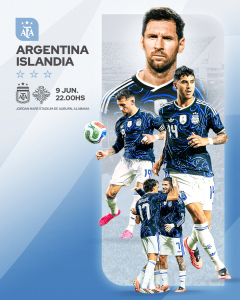 Argentina vs Icelandia—poster-style sports promo with players in blue jerseys and event details (9 Jun, 22:00 CST) and stadium location in Alabama/USA context.