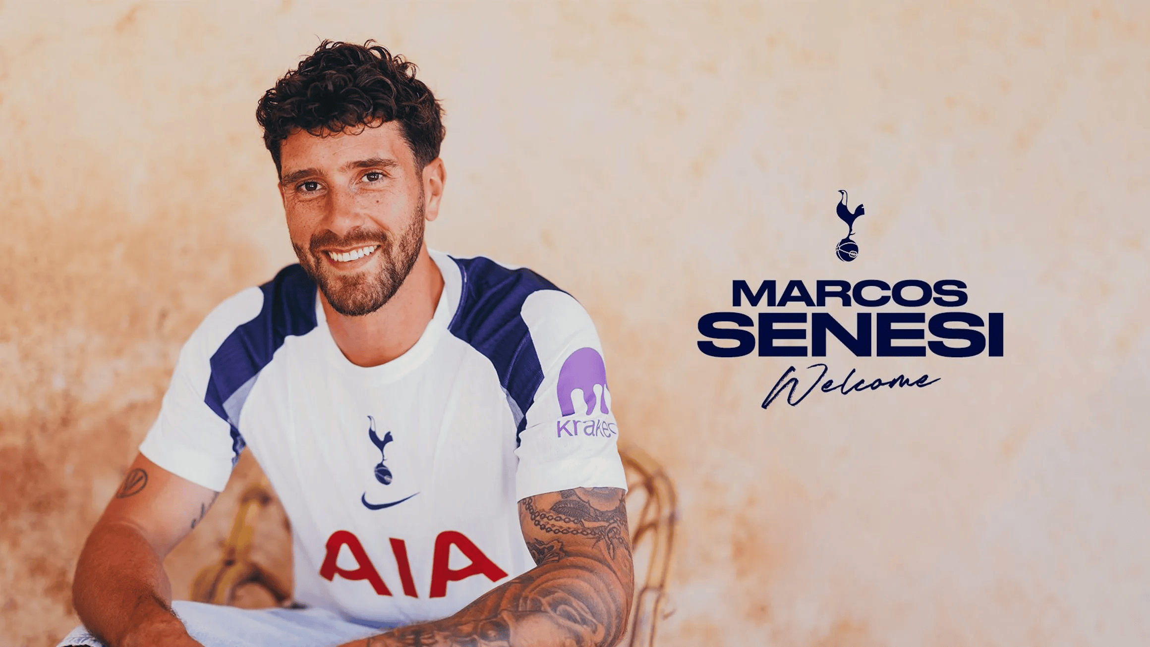 hupu-football-1781119706609-kaiyun-1png - 开云体育中心 Smiling man in a white and blue football jersey with tattoos on his arms, posed against a beige wall, with bold text and a small club logo to the right reading 'MARCOS SENESI Welcome'.