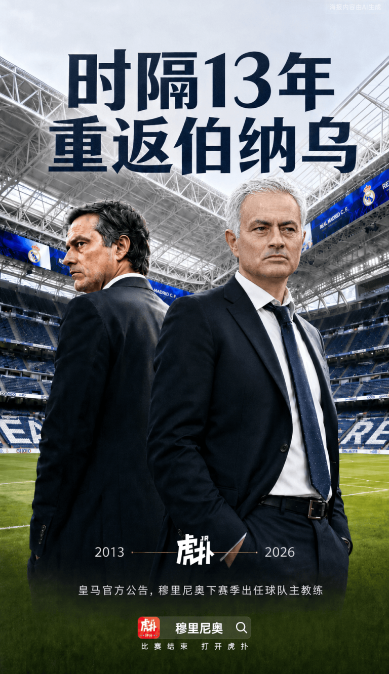 Promotional poster with two men in dark suits standing back-to-back in a football stadium, bold Chinese text across the top and a green field behind them.