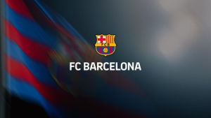 FC Barcelona crest centered on a dark blurred background with the text 'FC BARCELONA'.