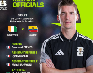 Poster for 2016 FIFA World Cup match officials: Côte d'Ivoire vs Ecuador, Group E, June 14 at 7:00 PM EDT in Philadelphia Stadium; Referee François Letexier, Assistant Referees Cyril Mugnier and Mehdi Rahmouni, 4th Official listed.