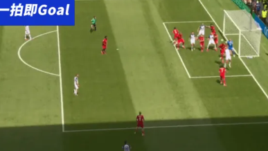 Soccer scene: players cluster near the goal as a free kick or cross is played into the penalty area, with a defender wall and a goalkeeper ready at the edge of the box.
